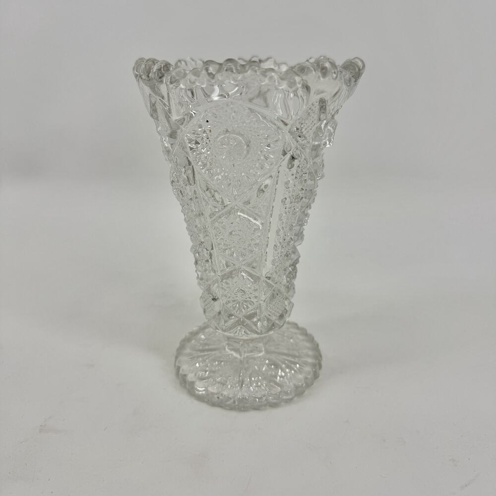Vintage Pressed Glass Pedestal Trumpet Vase Starburst Diamond Pattern 7”